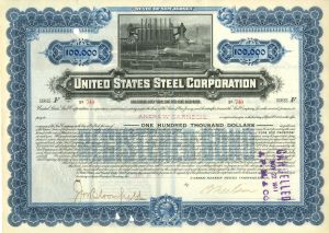 United States Steel Corp $100,000 Gold Bond Issued to Andrew Carnegie